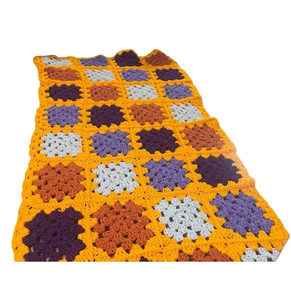 Granny Square‎ Orange Purple Gray Crochet 54x24 Handmade Throw Blanket